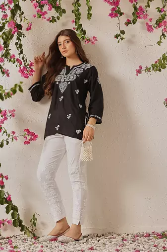 Hand Embroidered Black Cotton Lucknowi Chikankari Indian Women Straight Kurti