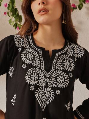 Hand Embroidered Black Cotton Lucknowi Chikankari Indian Women Straight Kurti 7
