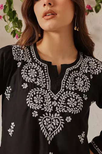 Hand Embroidered Black Cotton Lucknowi Chikankari Indian Women Straight Kurti