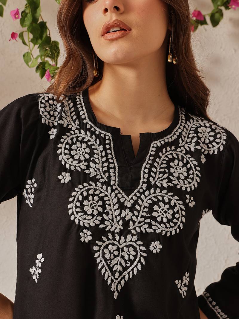 Hand Embroidered Black Cotton Lucknowi Chikankari Indian Women Straight Kurti