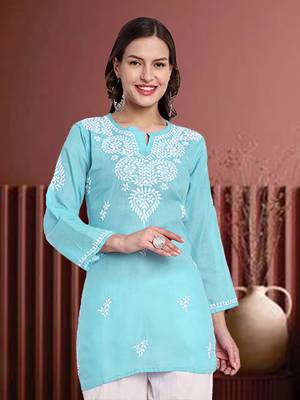 Hand Embroidered Sky Blue Cotton Lucknowi Chikankari Indian Women Straight Kurti 1