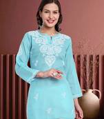 Hand Embroidered Sky Blue Cotton Lucknowi Chikankari Indian Women Straight Kurti