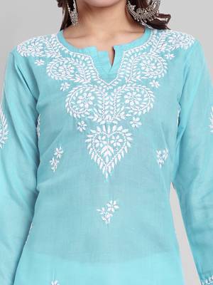 Hand Embroidered Sky Blue Cotton Lucknowi Chikankari Indian Women Straight Kurti 2