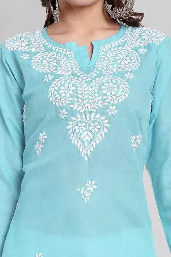 Hand Embroidered Sky Blue Cotton Lucknowi Chikankari Indian Women Straight Kurti