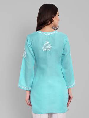 Hand Embroidered Sky Blue Cotton Lucknowi Chikankari Indian Women Straight Kurti 3