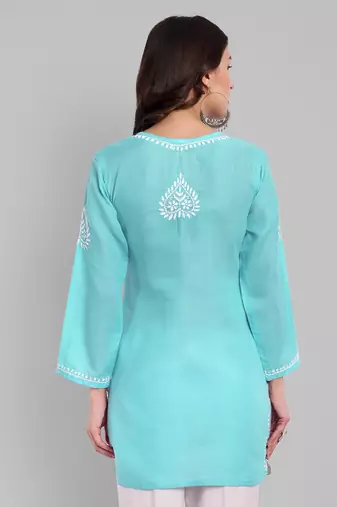Hand Embroidered Sky Blue Cotton Lucknowi Chikankari Indian Women Straight Kurti