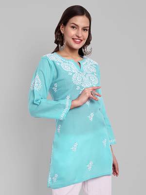 Hand Embroidered Sky Blue Cotton Lucknowi Chikankari Indian Women Straight Kurti 4