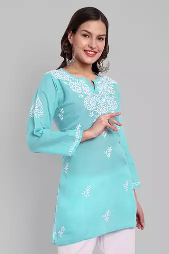 Hand Embroidered Sky Blue Cotton Lucknowi Chikankari Indian Women Straight Kurti
