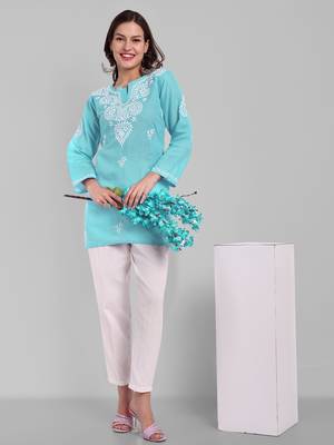 Hand Embroidered Sky Blue Cotton Lucknowi Chikankari Indian Women Straight Kurti 5