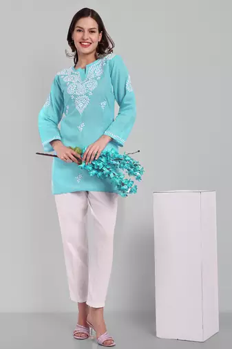 Hand Embroidered Sky Blue Cotton Lucknowi Chikankari Indian Women Straight Kurti