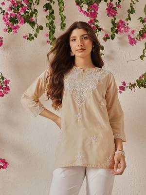 Hand Embroidered Fawn Cotton Lucknowi Chikankari Women Indian Kurti 1