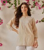 Hand Embroidered Fawn Cotton Lucknowi Chikankari Women Indian Kurti