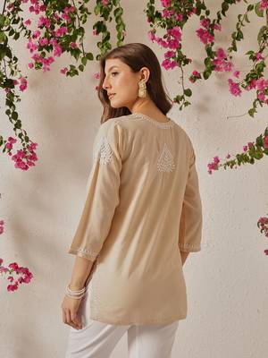 Hand Embroidered Fawn Cotton Lucknowi Chikankari Women Indian Kurti 2