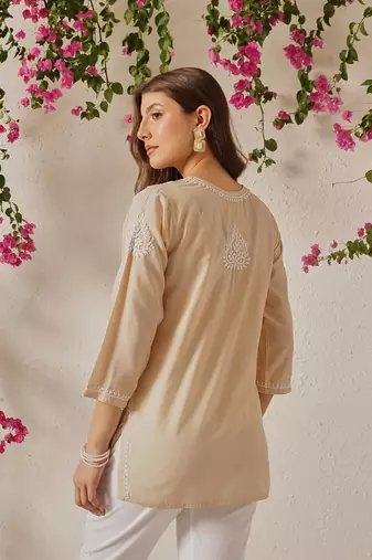 Hand Embroidered Fawn Cotton Lucknowi Chikankari Women Indian Kurti
