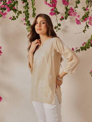 Hand Embroidered Fawn Cotton Lucknowi Chikankari Women Indian Kurti 3