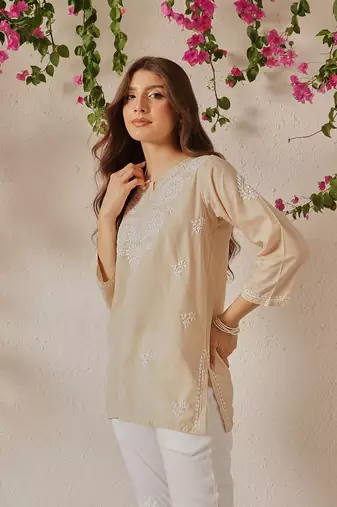 Hand Embroidered Fawn Cotton Lucknowi Chikankari Women Indian Kurti