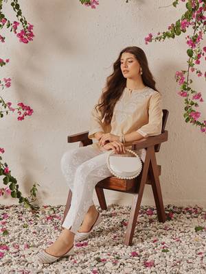 Hand Embroidered Fawn Cotton Lucknowi Chikankari Women Indian Kurti 4