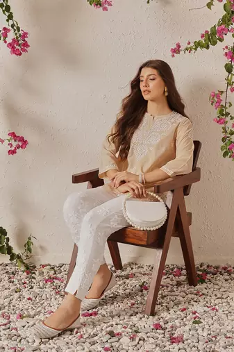 Hand Embroidered Fawn Cotton Lucknowi Chikankari Women Indian Kurti