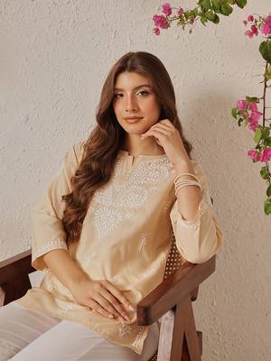 Hand Embroidered Fawn Cotton Lucknowi Chikankari Women Indian Kurti 5