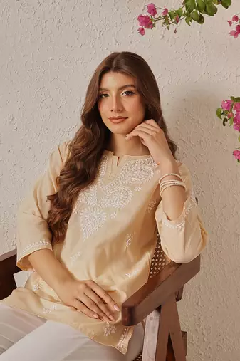 Hand Embroidered Fawn Cotton Lucknowi Chikankari Women Indian Kurti