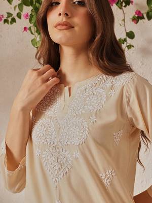 Hand Embroidered Fawn Cotton Lucknowi Chikankari Women Indian Kurti 6