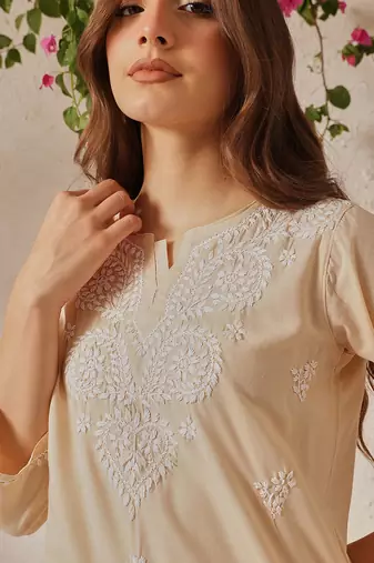 Hand Embroidered Fawn Cotton Lucknowi Chikankari Women Indian Kurti