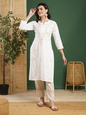 Hand Embroidered White Cotton Lucknowi Chikankari Indian Women Straight Kurta With Gota Patti Work 1