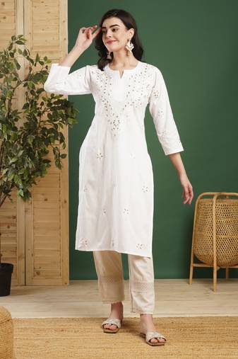 Hand Embroidered White Cotton Lucknowi Chikankari Indian Women Straight Kurta With Gota Patti Work