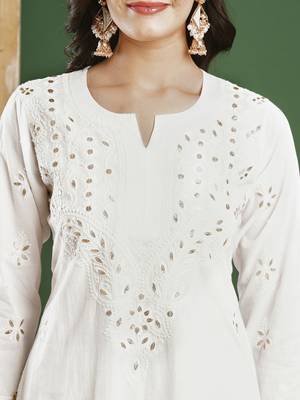 Hand Embroidered White Cotton Lucknowi Chikankari Indian Women Straight Kurta With Gota Patti Work 3