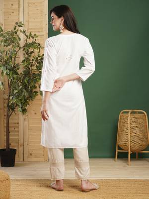 Hand Embroidered White Cotton Lucknowi Chikankari Indian Women Straight Kurta With Gota Patti Work 4