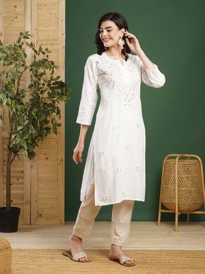 Hand Embroidered White Cotton Lucknowi Chikankari Indian Women Straight Kurta With Gota Patti Work 5