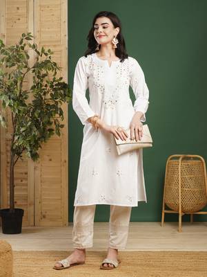 Hand Embroidered White Cotton Lucknowi Chikankari Indian Women Straight Kurta With Gota Patti Work 6