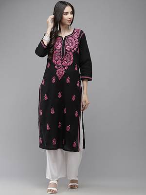 Hand Embroidered Black Cotton Lucknow Chikankari Indian Women Straight Kurta 1