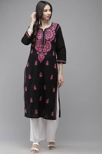 Hand Embroidered Black Cotton Lucknow Chikankari Indian Women Straight Kurta