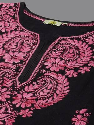 Hand Embroidered Black Cotton Lucknow Chikankari Indian Women Straight Kurta 2