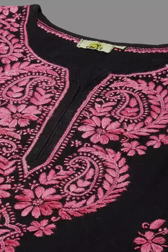Hand Embroidered Black Cotton Lucknow Chikankari Indian Women Straight Kurta