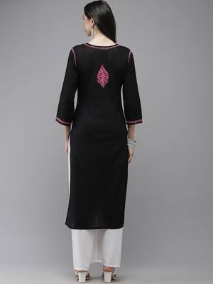 Hand Embroidered Black Cotton Lucknow Chikankari Indian Women Straight Kurta 3