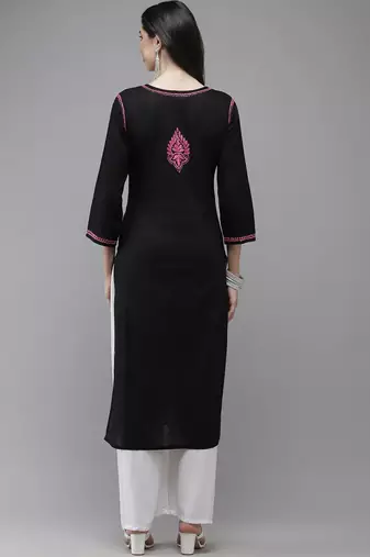 Hand Embroidered Black Cotton Lucknow Chikankari Indian Women Straight Kurta