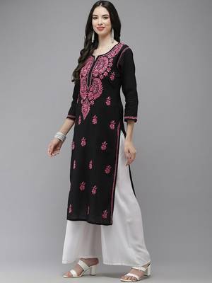 Hand Embroidered Black Cotton Lucknow Chikankari Indian Women Straight Kurta 4