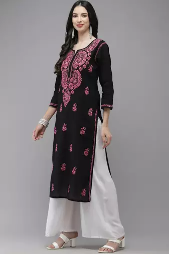 Hand Embroidered Black Cotton Lucknow Chikankari Indian Women Straight Kurta