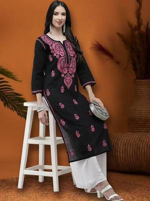 Hand Embroidered Black Cotton Lucknow Chikankari Indian Women Straight Kurta 5