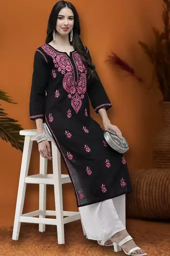 Hand Embroidered Black Cotton Lucknow Chikankari Indian Women Straight Kurta