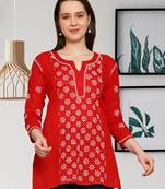 Hand Embroidered Red Cotton Lucknowi Chikankari Straight Kurti For Women