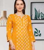 Ada Hand Embroidered Mustard Cotton Lucknowi Chikankari Straight Kurti for Women - A911298