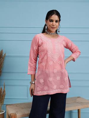 Hand Embroidered Peach Cotton Lucknowi Chikankari Straight Kurti For Women 1