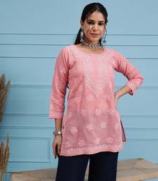 Hand Embroidered Peach Cotton Lucknowi Chikankari Straight Kurti For Women