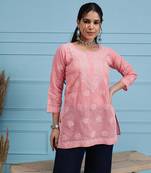 Hand Embroidered Peach Cotton Lucknowi Chikankari Straight Kurti For Women
