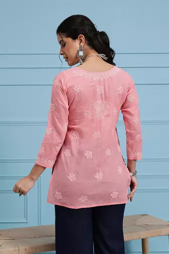 Hand Embroidered Peach Cotton Lucknowi Chikankari Straight Kurti For Women