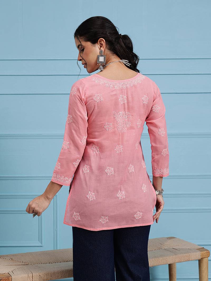 Hand Embroidered Peach Cotton Lucknowi Chikankari Straight Kurti For Women