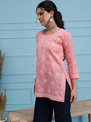 Hand Embroidered Peach Cotton Lucknowi Chikankari Straight Kurti For Women 3